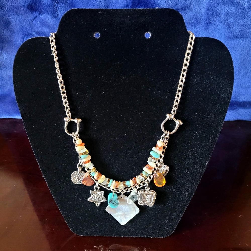 Boho Multicolored Stone Blue, Orange, and Silver Chain Pendant Necklace